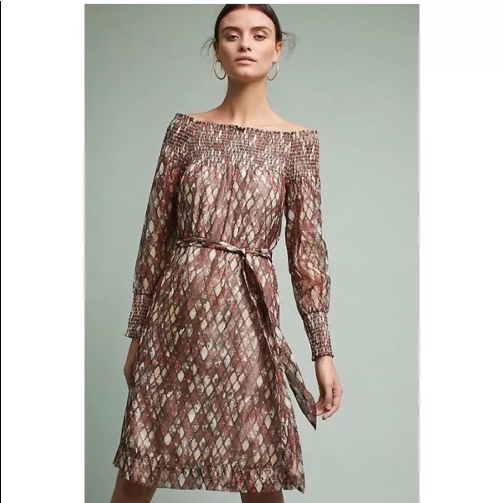 Anthropologie Off-Shoulder Patterned Mini Dress - Brown and Cream